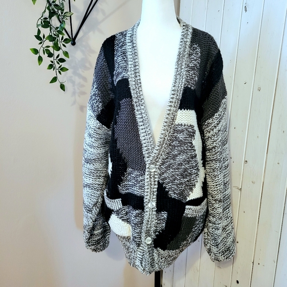 90's CHUNKY SLOUCHY COLOURBLOCK CARDIGAN SWEATER - Picture 3 of 12
